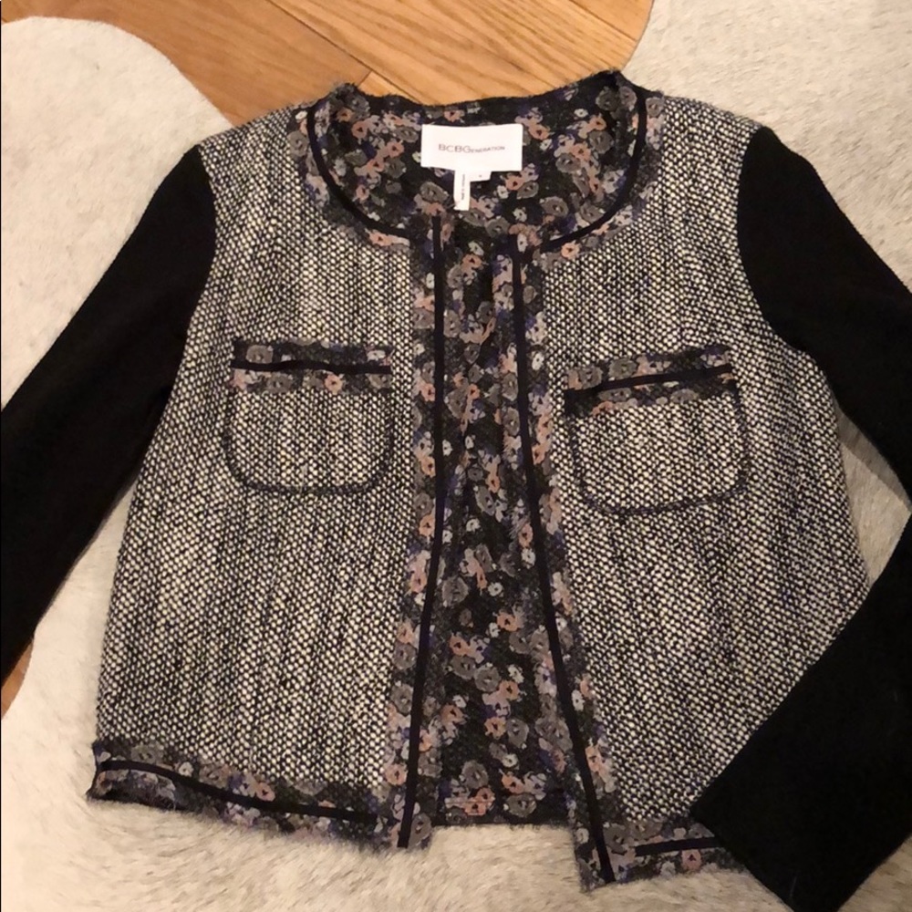 BCBG floral lined tweed jacket